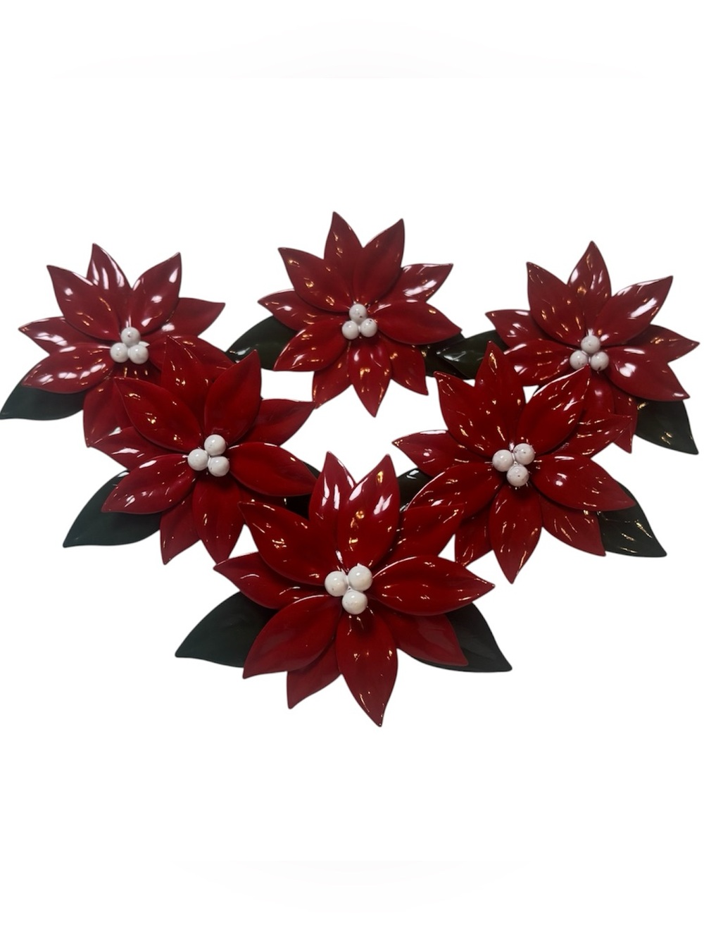 Red Poinsettia Metal Napkin Rings Vintage Enamel Holiday Table Decor Set of 6